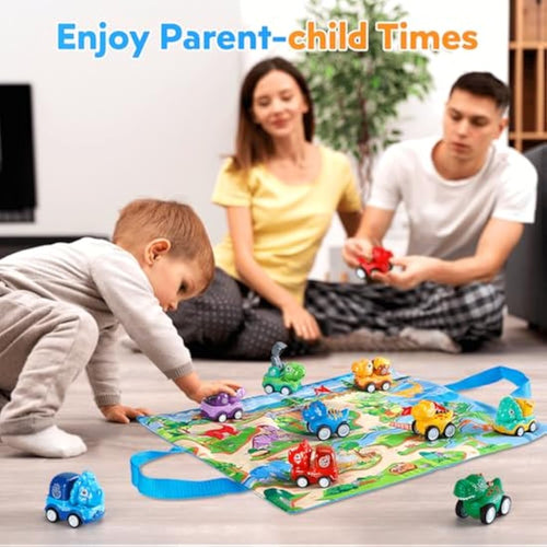 10-Piece Pull Back Dinosaur Toy Cars with Playmat & Bag