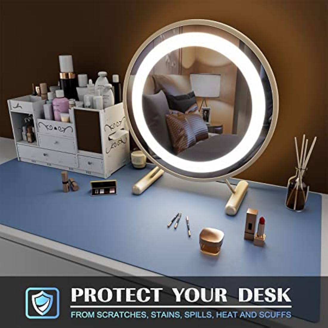 K KNODEL Leather Desk Mat | Large Office Mouse Pad & Protector, Lake Blue