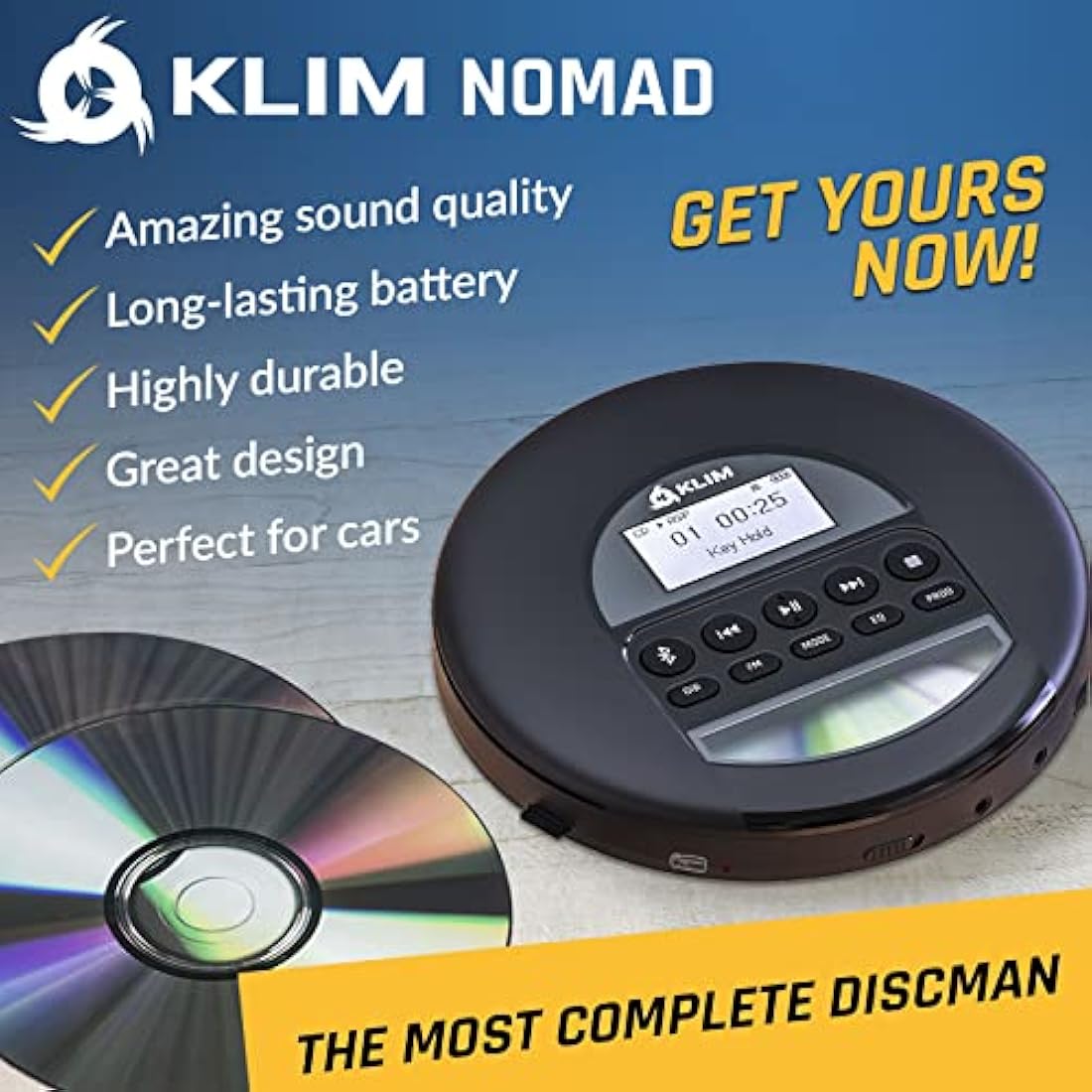 KLIM Nomad Portable CD Player | Bluetooth Rechargeable Discman – Black