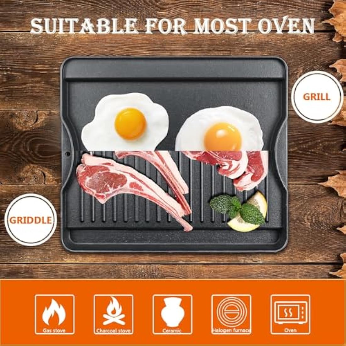 Jolof Store Cast Iron Reversible Grill Griddle for Campchef, 34 x 40 CM