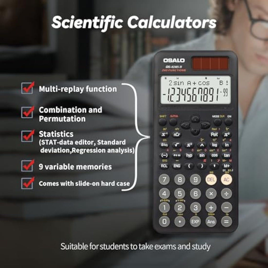 OSALO Scientific Calculator | 240 Functions 2-Line Display Solar Power
