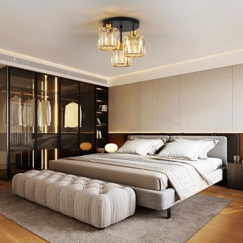 FORCOSO Crystal Ceiling Light – 3-Light Modern Black and Gold Chandelier