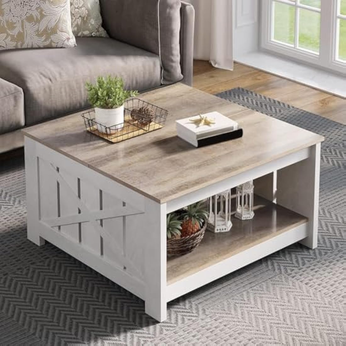 YITAHOME Square Farmhouse Coffee Table – Grey Wash Wood with Storage