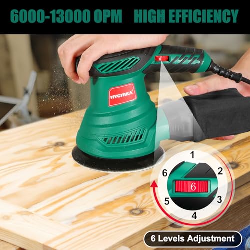 HYCHIKA Random Orbital Sander – 300W 6-Speed Electric Sander with 12Pcs