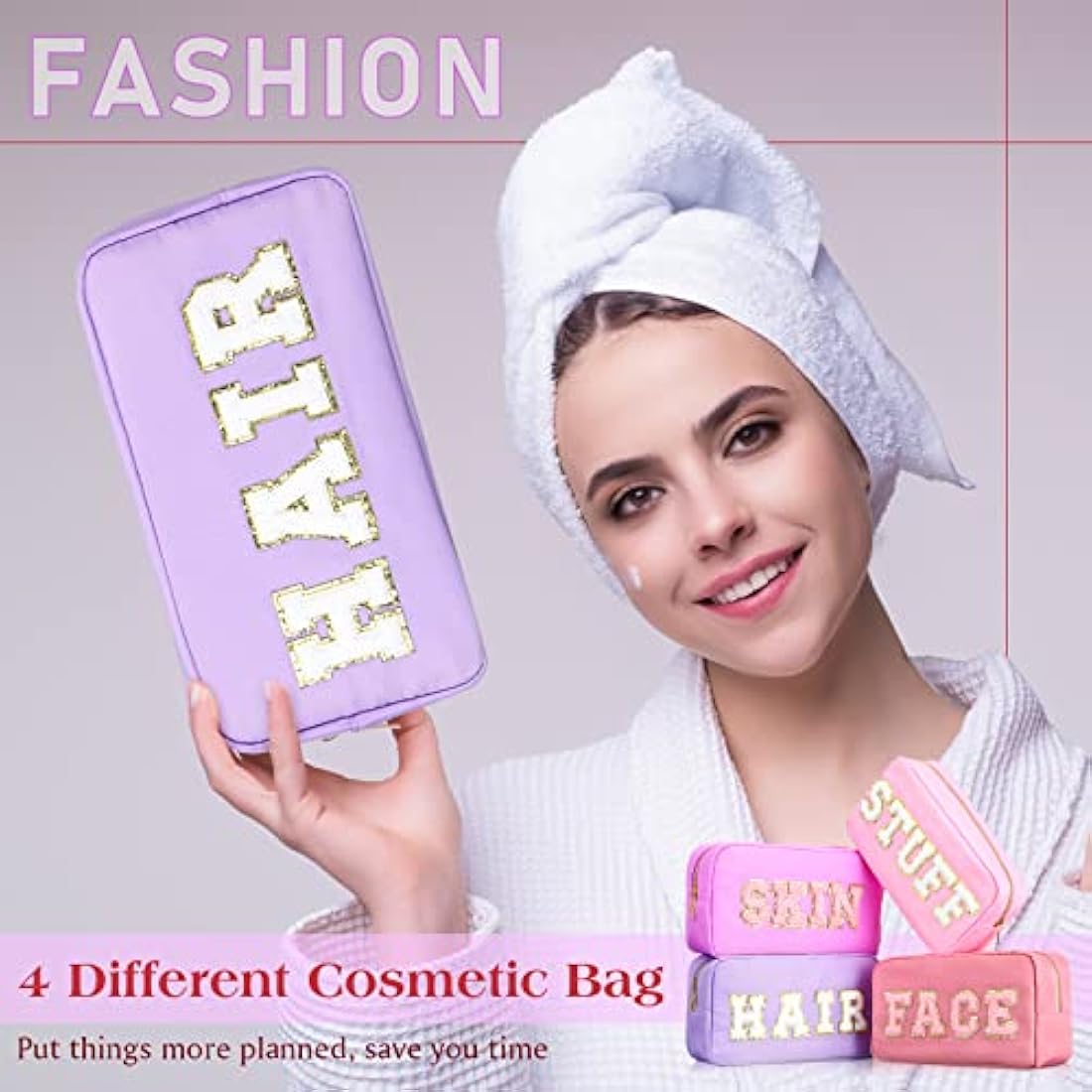 Jolof Store 4-Piece Preppy Nylon Makeup Bag Set with Chenille Patches