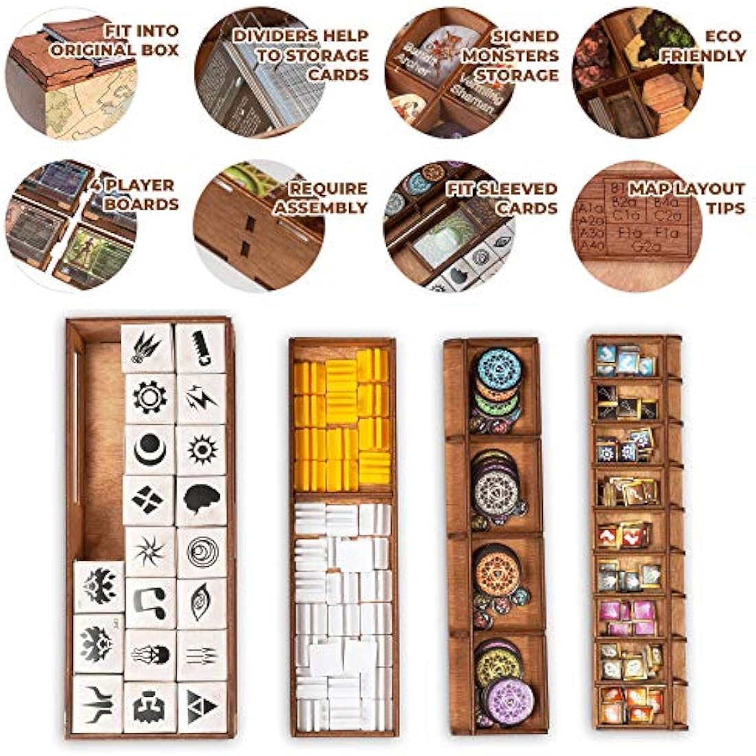 Smonex Wooden Gloomhaven Board Game Organizer and 4 Player Boards