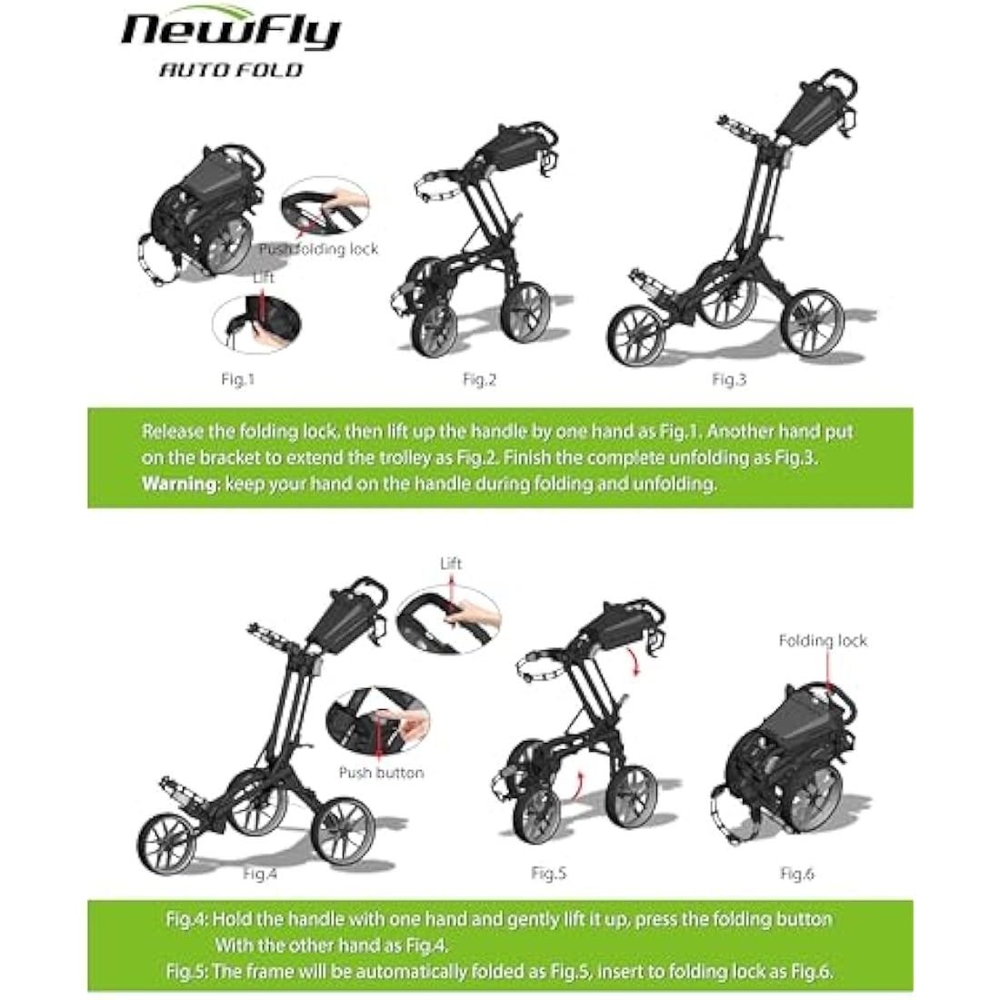 Newfly 3-Wheel Golf Push Cart – Lightweight Semi-Auto Folding Trolley