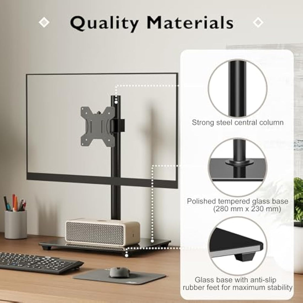 BONTEC Single Monitor Stand – Freestanding Glass Base for 13-32" Screens