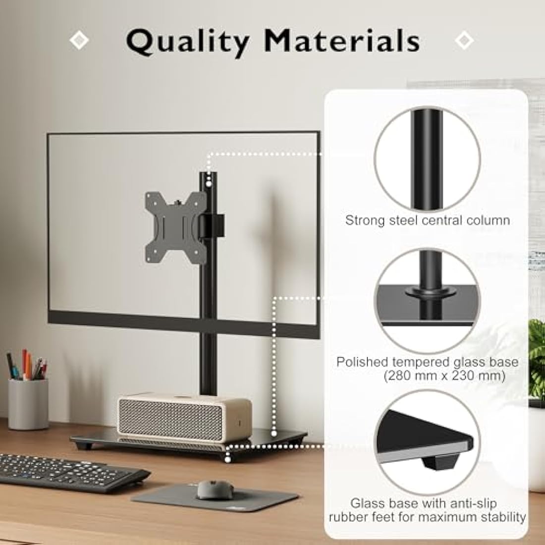 BONTEC Single Monitor Stand – Freestanding Glass Base for 13-32" Screens