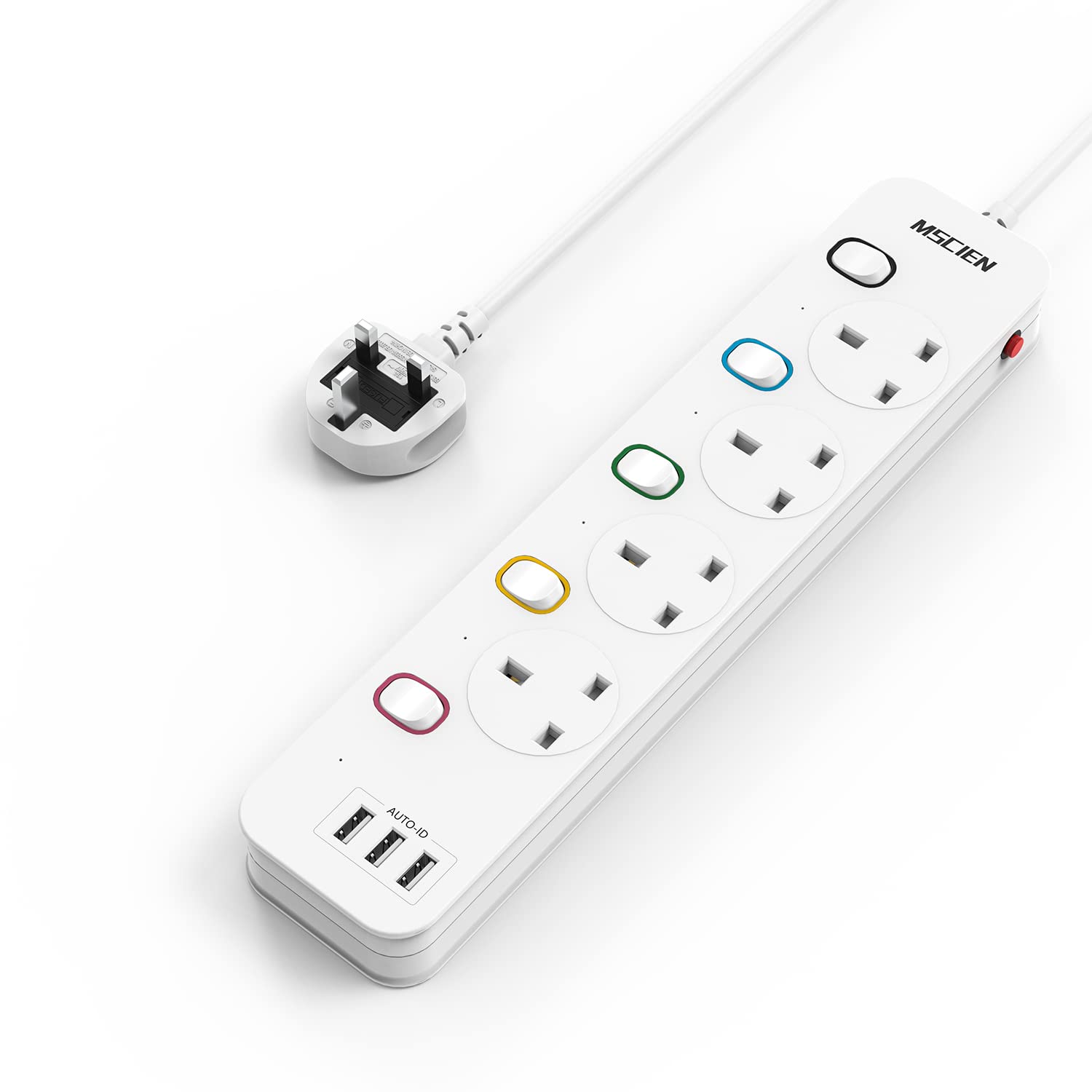 Mscien 4 Way Extension Lead with 3 USB Slots | 3M Mountable Power Strip