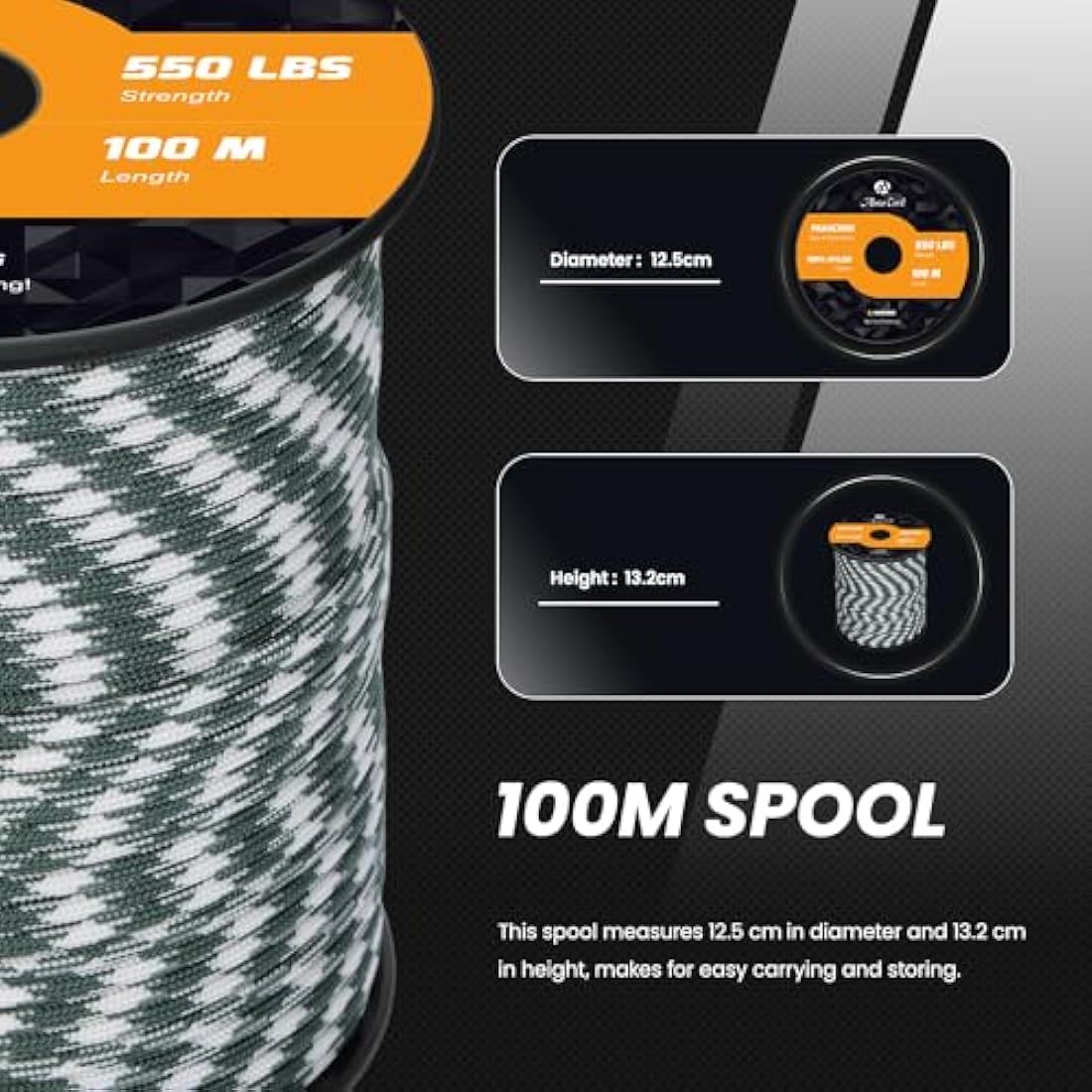 Abma Cord 550 Paracord – 100m Nylon Type III 7 Strand Rope, Shamrock Frost