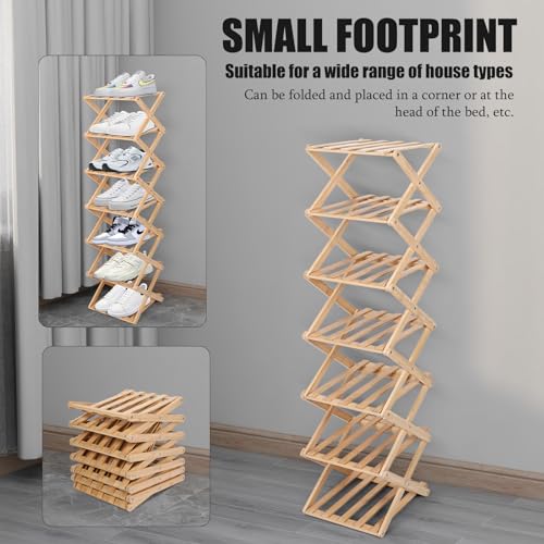 Akloya 7-Tier Bamboo Shoe Rack | Foldable Vertical Space Saving Organizer
