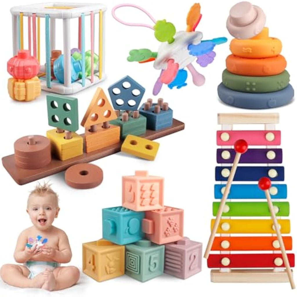 Jolof Store 6-in-1 Montessori Toys | Wooden Stacking & Sensory Activity Set