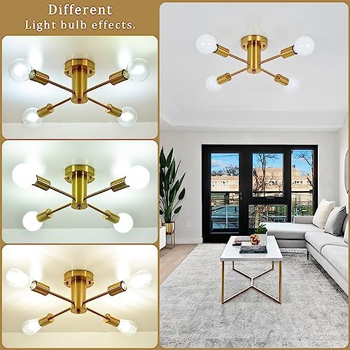 ASHUAQI Gold Sputnik Chandelier | 4-Light Modern Semi Flush Ceiling Light