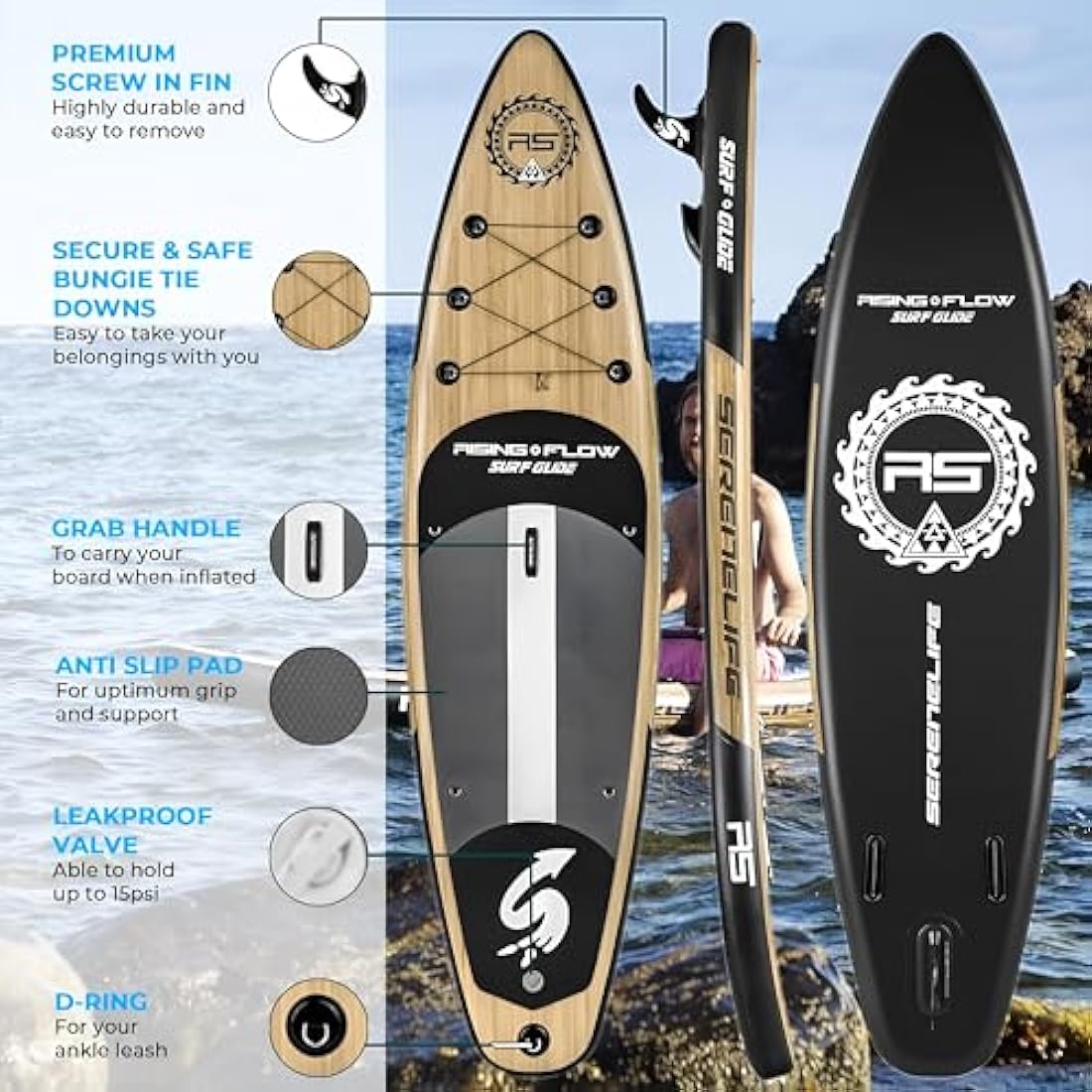 SereneLife Inflatable Stand Up Paddle Board – 10.5' Non-Slip SUP Kit