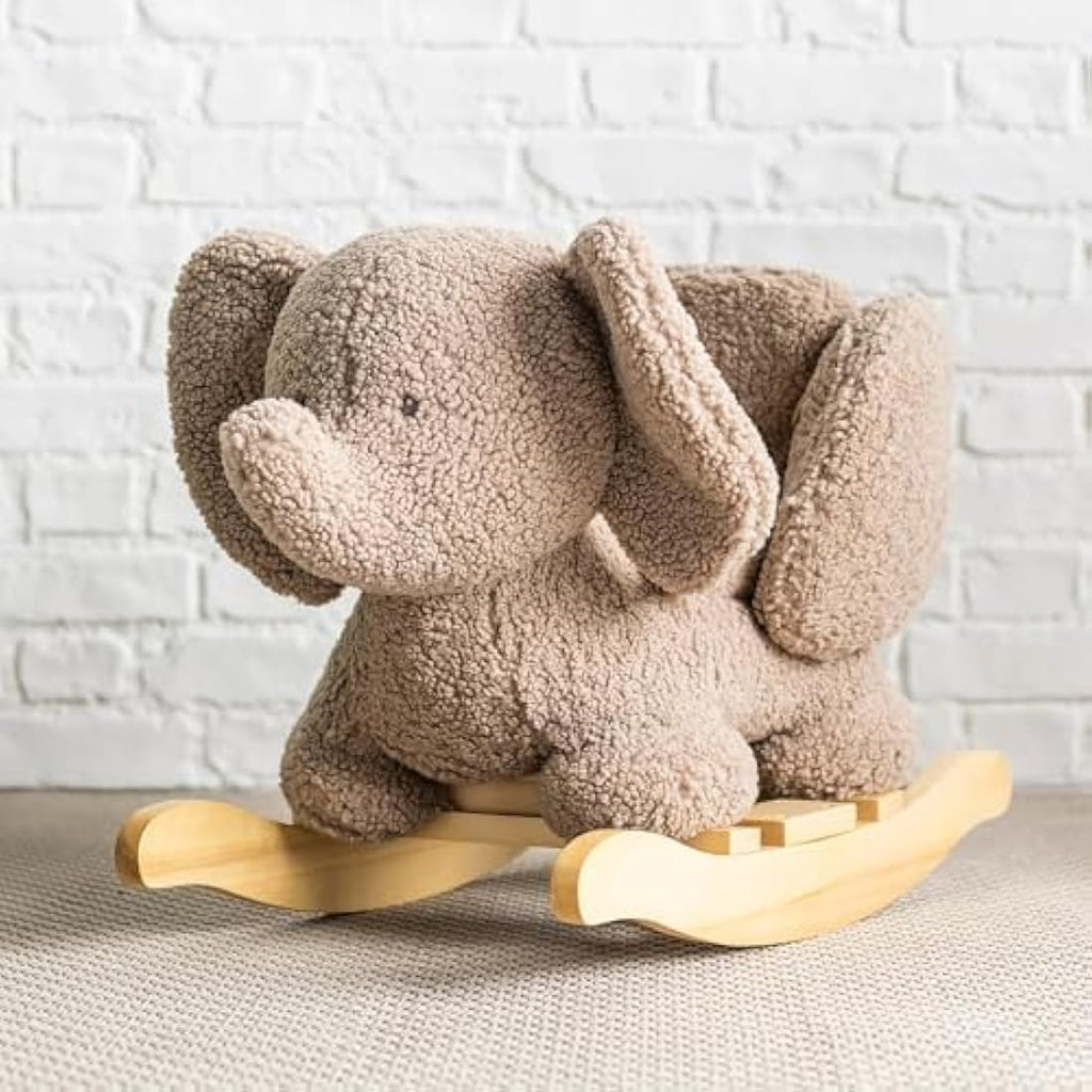 Nattou Wooden Elephant Rocker – Padded Vegan Teddy Fabric – Taupe