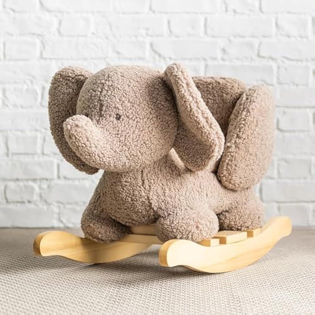 Nattou Wooden Elephant Rocker – Padded Vegan Teddy Fabric – Taupe