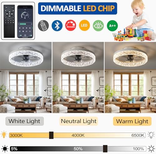 Exlafi Modern LED Ceiling Fan with Light - Dimmable 6-Speed White 40CM