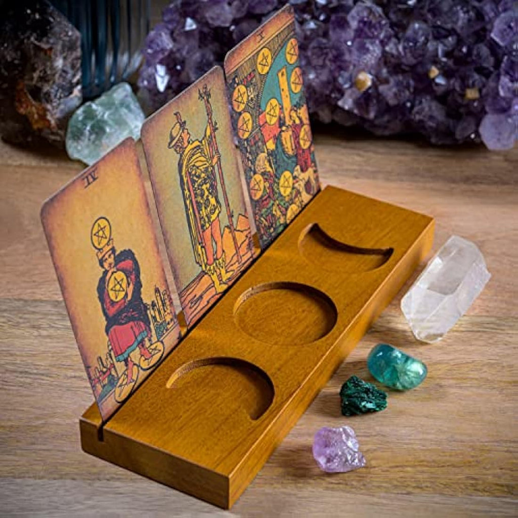 Curawood Triple Moon Wooden Tarot Card Holder Stand - Holds 3 Cards