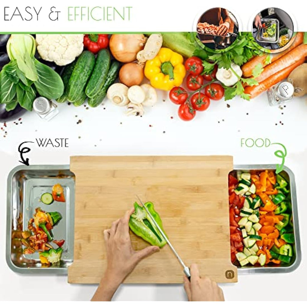 Naturlik Bamboo Chopping Board with 2 Magnetic Stainless Steel Trays