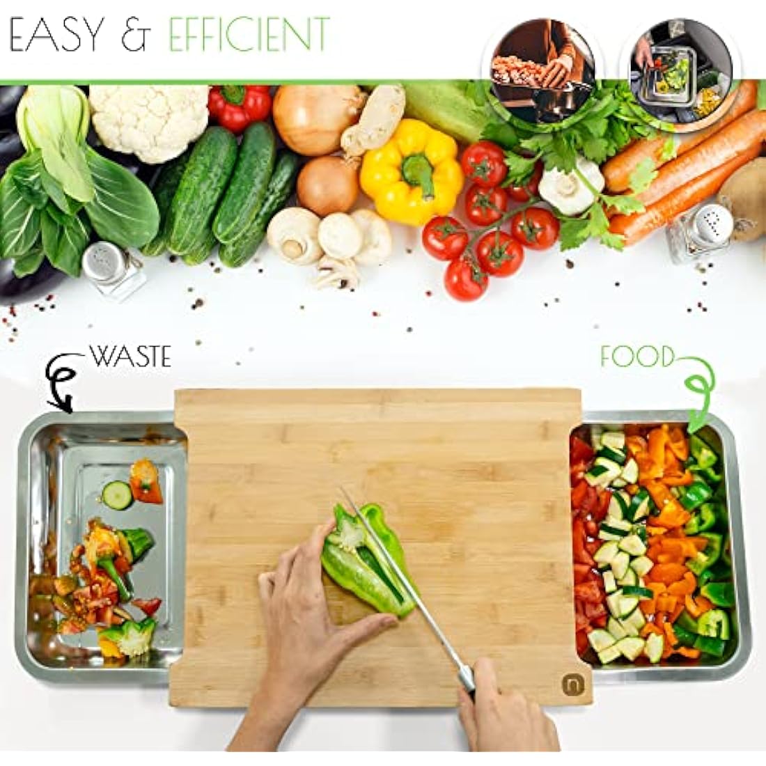 Naturlik Bamboo Chopping Board with 2 Magnetic Stainless Steel Trays