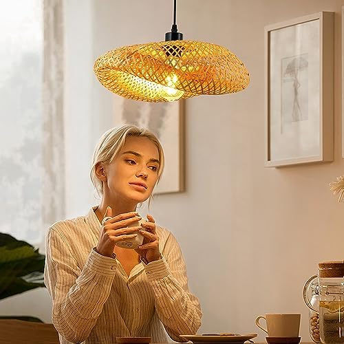 Schindora Bamboo Straw Hat Pendant Light – 50cm Woven Boho Ceiling Lamp