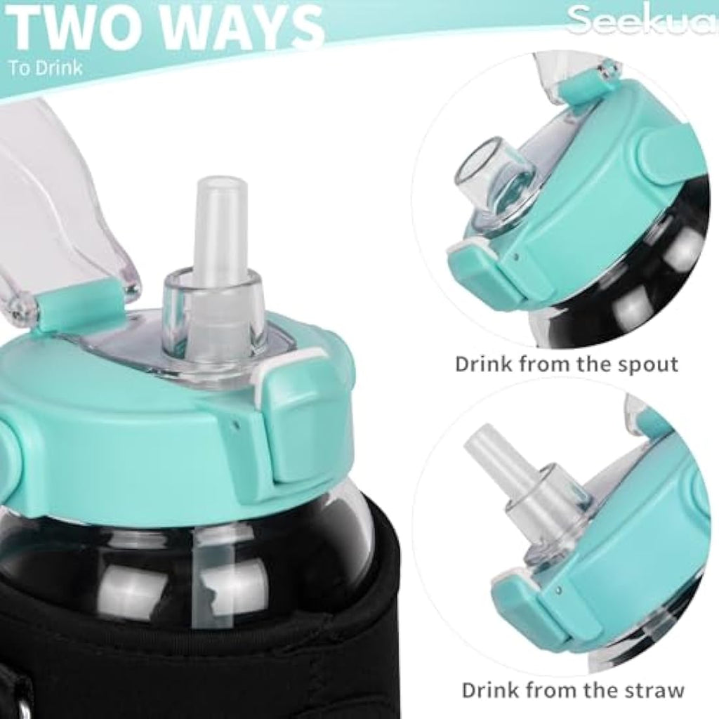 Seekua 2L Glass Water Bottle with Straw - Motivational Gym Bottle