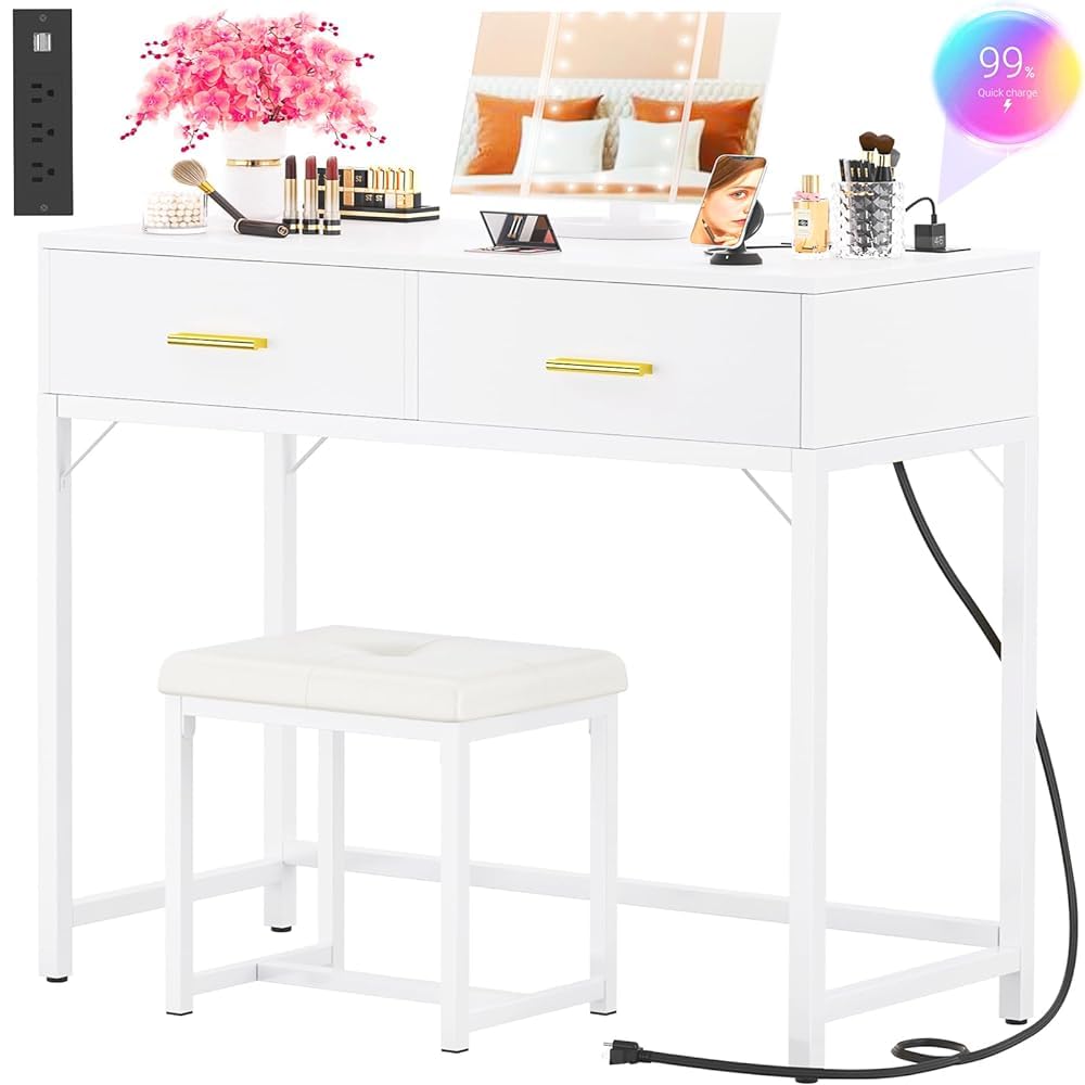 iSunirm Makeup Vanity Desk with Tri-Fold Lighted Mirror and Charging Station