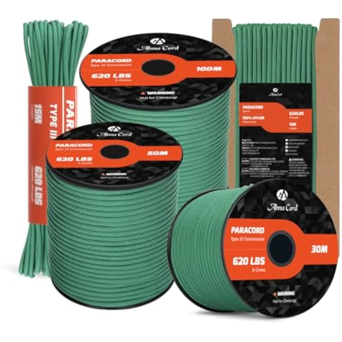 Abma Cord 4mm Type III Nylon Paracord – 100m 9-Strand Rope, Kelly Green