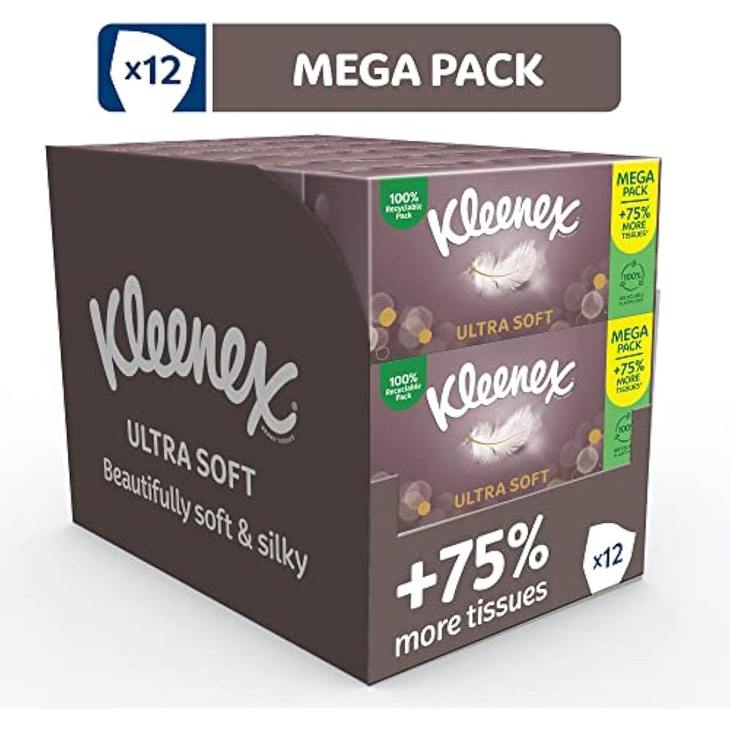Kleenex Ultra Soft Facial Tissues – 3-Ply Bulk Mega Pack (12 Boxes)