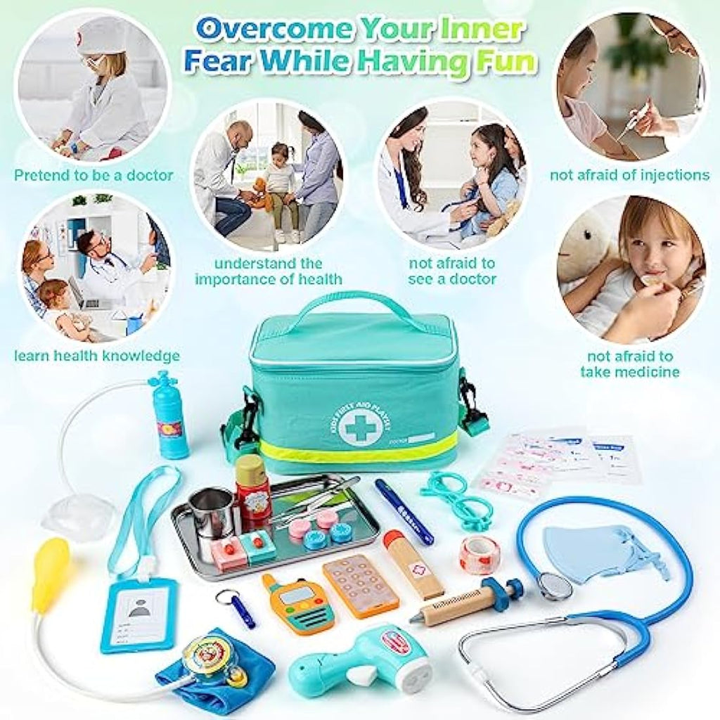 Sundaymot 34-Piece Kids Wooden Doctor Kit with Real Stethoscope
