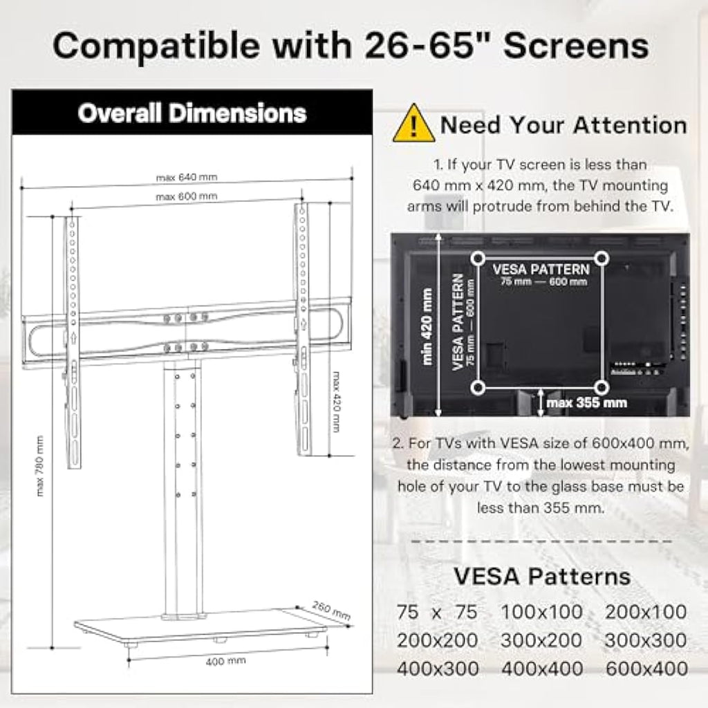 BONTEC Universal TV Stand for 32-65 inch TVs | Height Adjustable Base