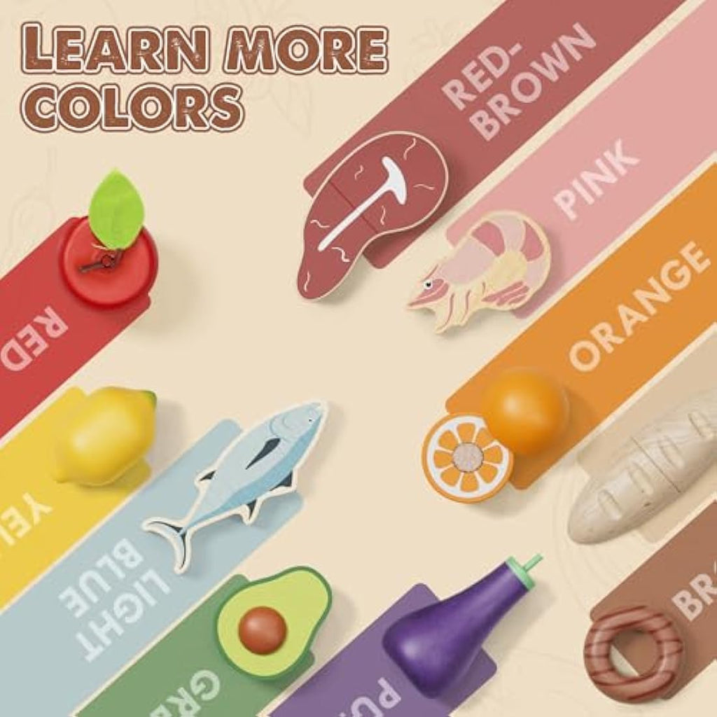 Lehoo Castle Wooden Play Food Set – 23pc Montessori Kitchen Toy with Baskets