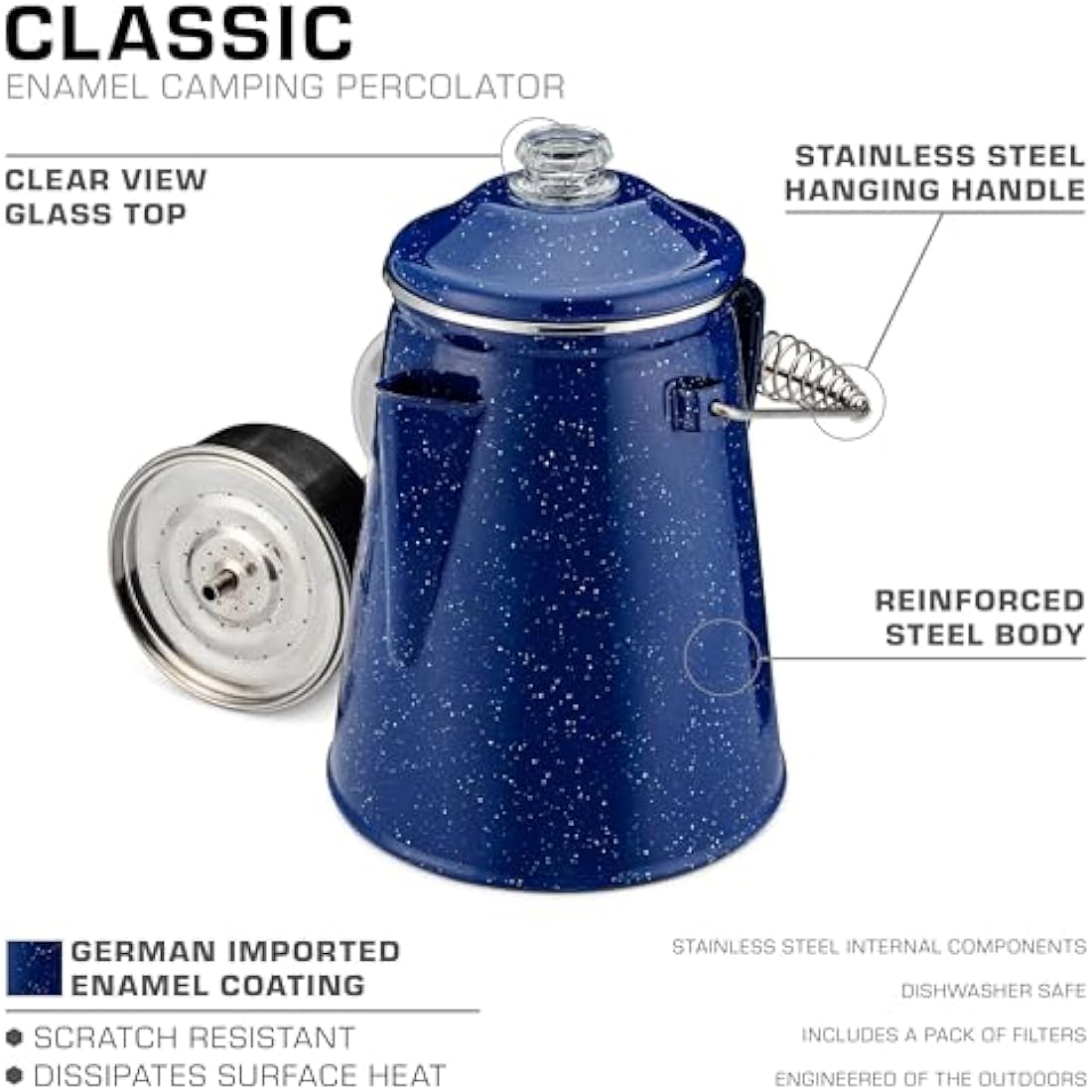 COLETTI Classic 12-Cup Blue Enamel Steel Camping Coffee Percolator