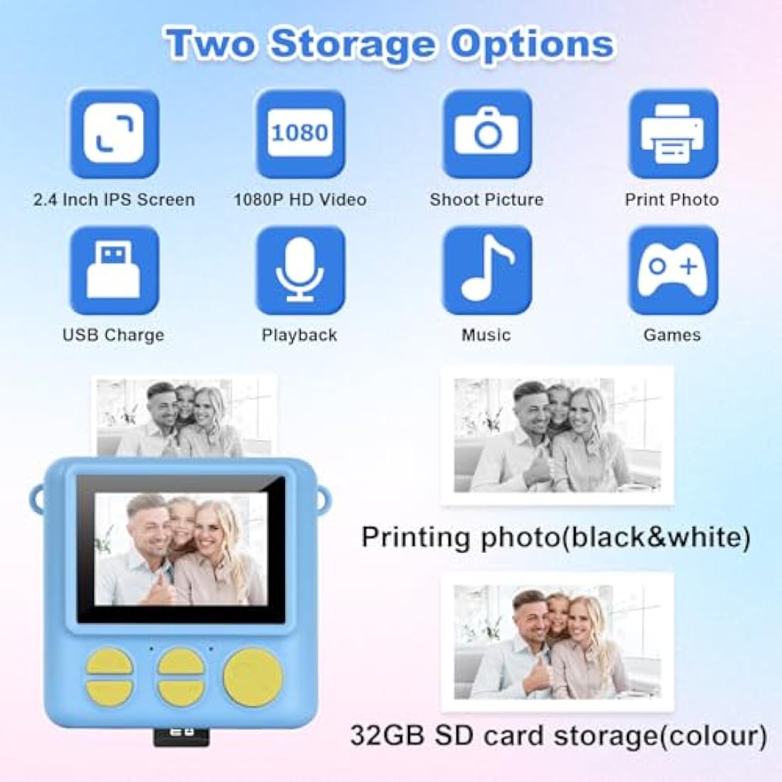 NICEWIN Kids Instant Print Camera - 1080P HD Digital Toy with 32GB Card