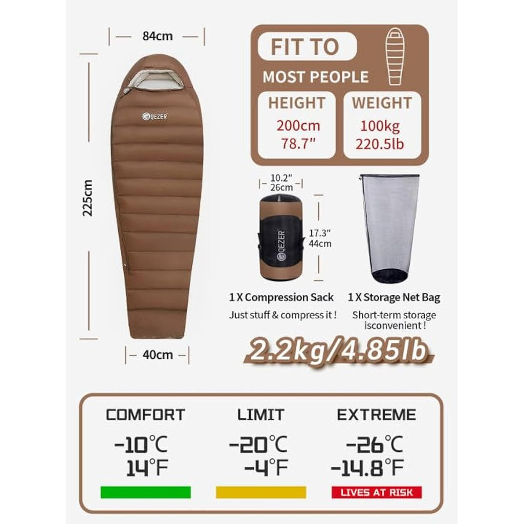 QEZER Winter Down Sleeping Bag | 660 FP Duck Down -20°C Cold Weather