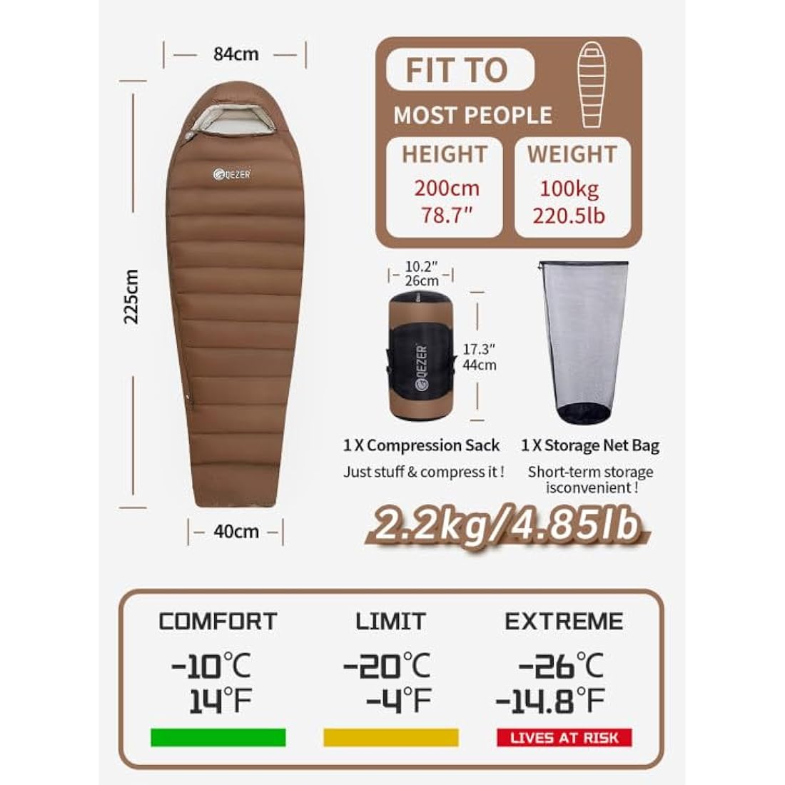 QEZER Winter Down Sleeping Bag | 660 FP Duck Down -20°C Cold Weather