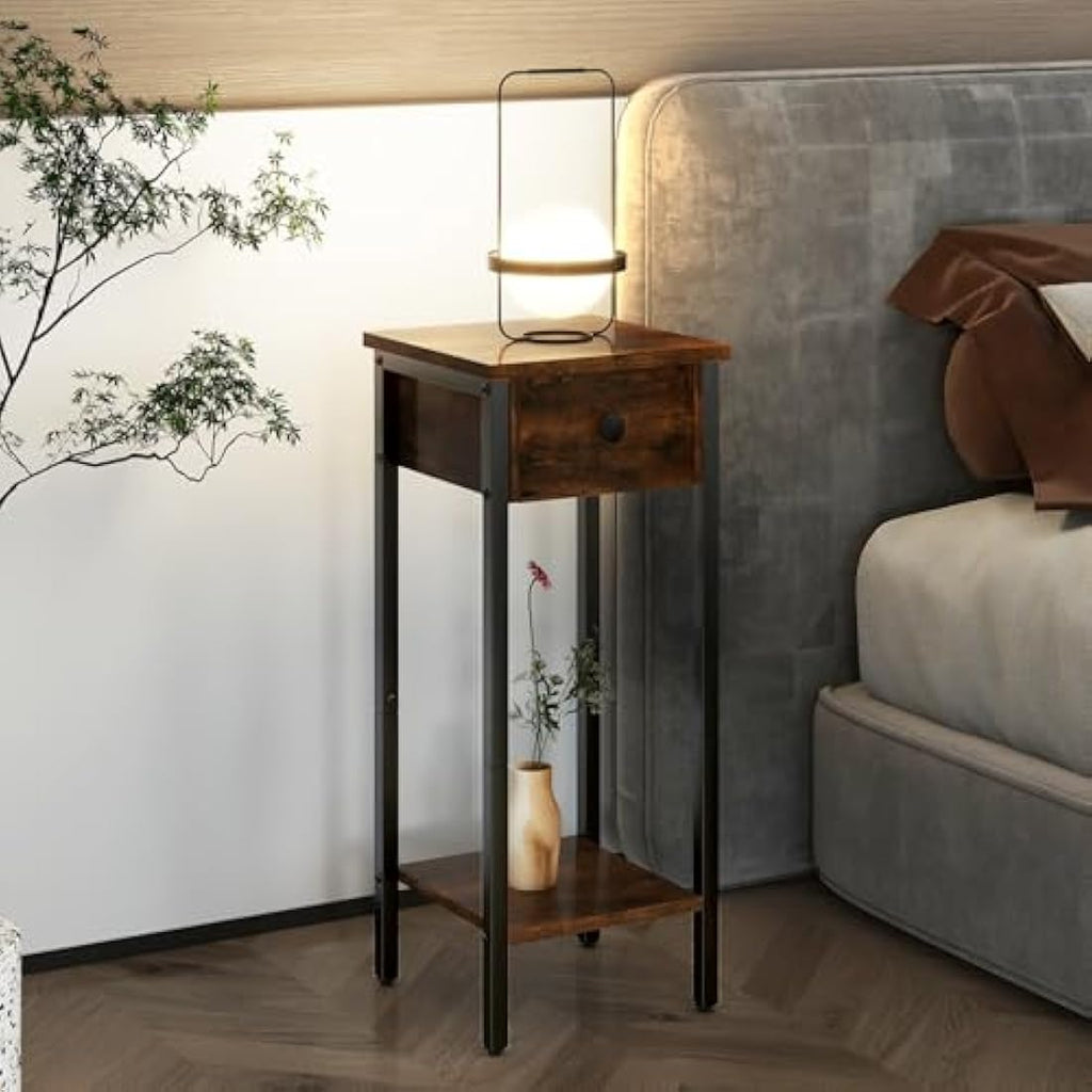 IBUYKE Narrow Nightstand Set of 2 | Slim Industrial Bedside Table, Brown