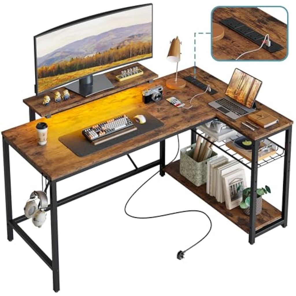 Bestier L-Shaped Gaming Desk with LED Lights and Power Outlets