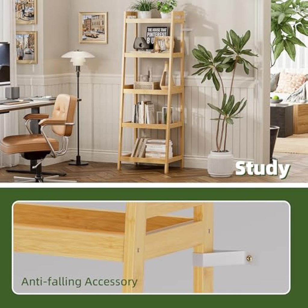 5-Tier Bamboo Ladder Bookshelf – Tall Narrow Display Rack