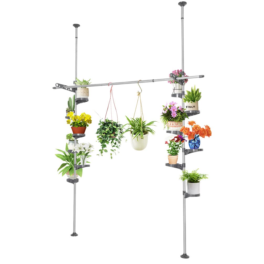 BAOYOUNI Indoor Plant Pole Stand | 12-Tray Floor to Ceiling Tension Rack