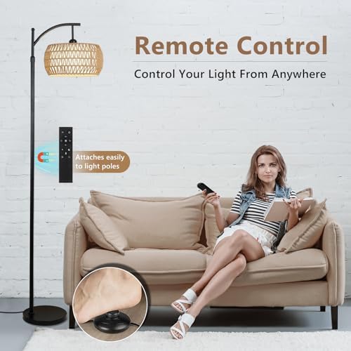 Rayofly Arc Floor Lamp | Dimmable Boho Standing Lamp with Rattan Shade