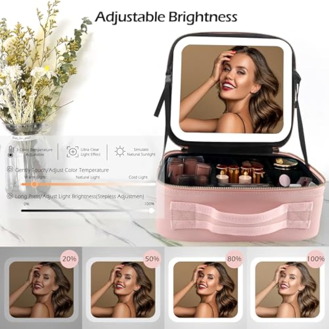 MOMIRA Travel Makeup Bag with Lighted Mirror | Waterproof PU Leather Case
