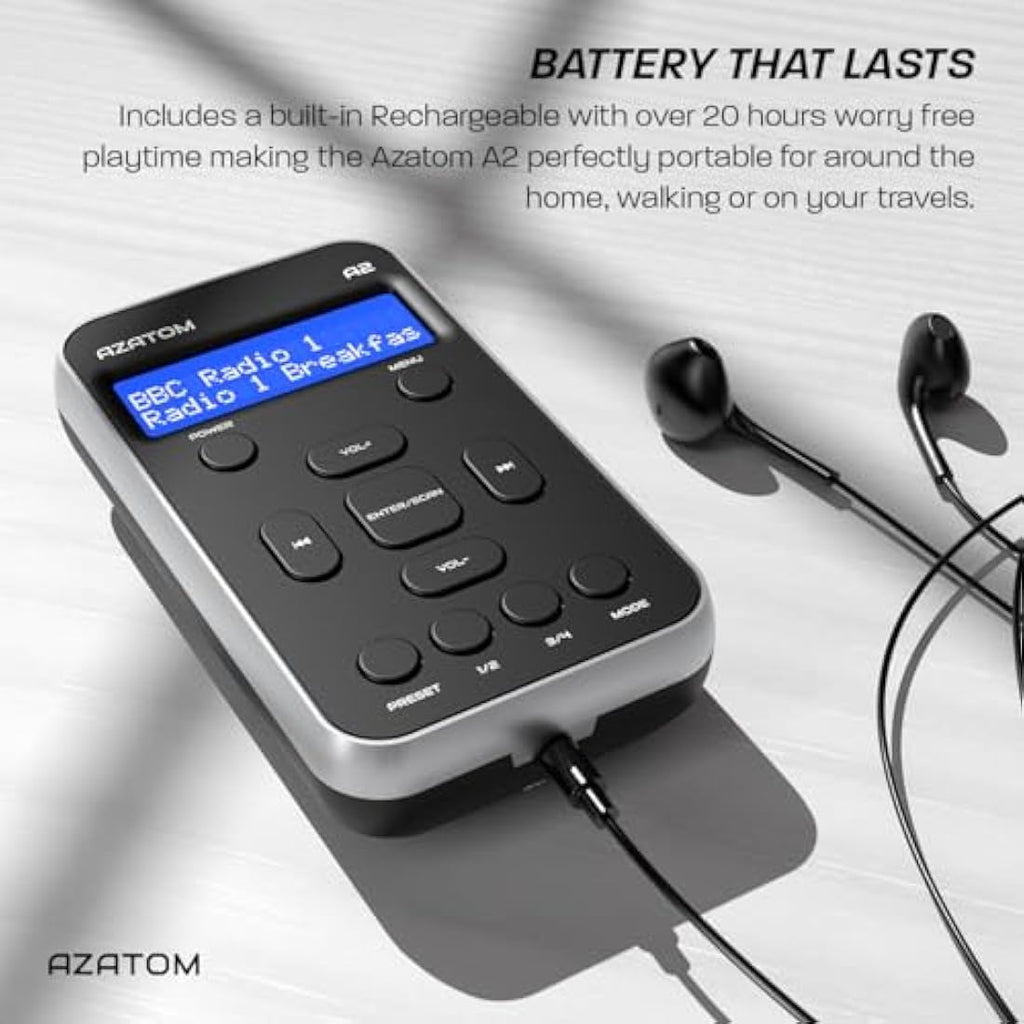 Azatom A2 Portable DAB/DAB+ & FM Digital Radio with Sports Earphones - Silver