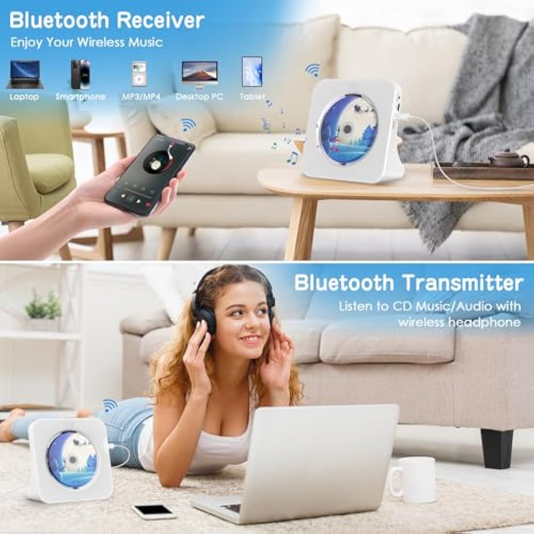 KOVCDVI Desktop CD Player with Bluetooth 5.0, FM Radio & Hi-Fi Speakers