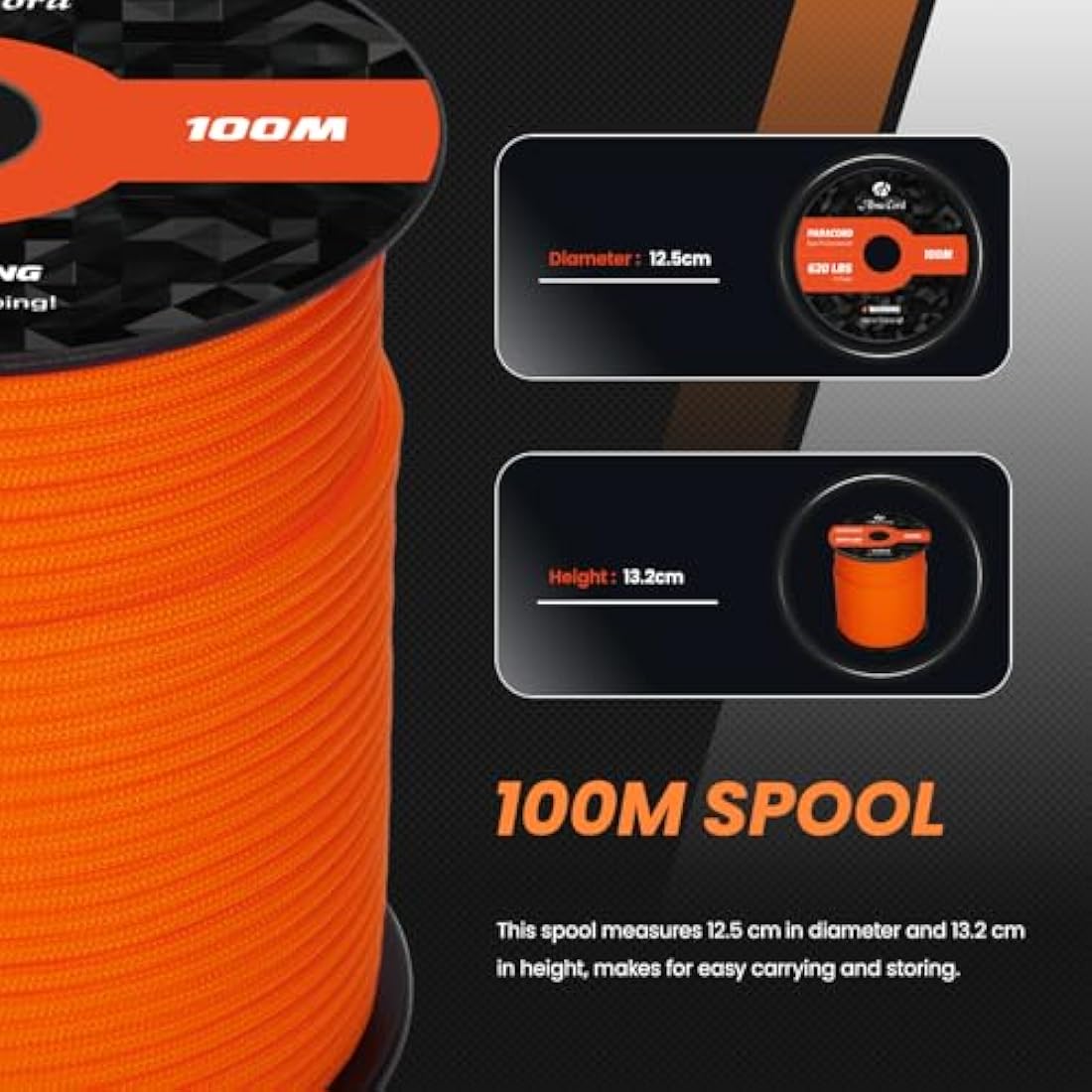 Abma Cord 4mm Nylon Paracord – 100m Type III 9-Strand Rope, Orange