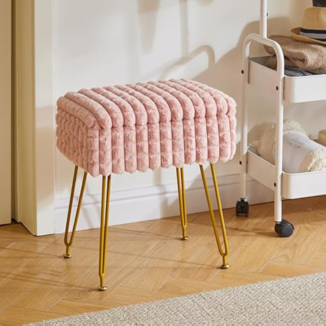 IBUYKE Vanity Chair with Storage - Pink Grid Ottoman Footstool