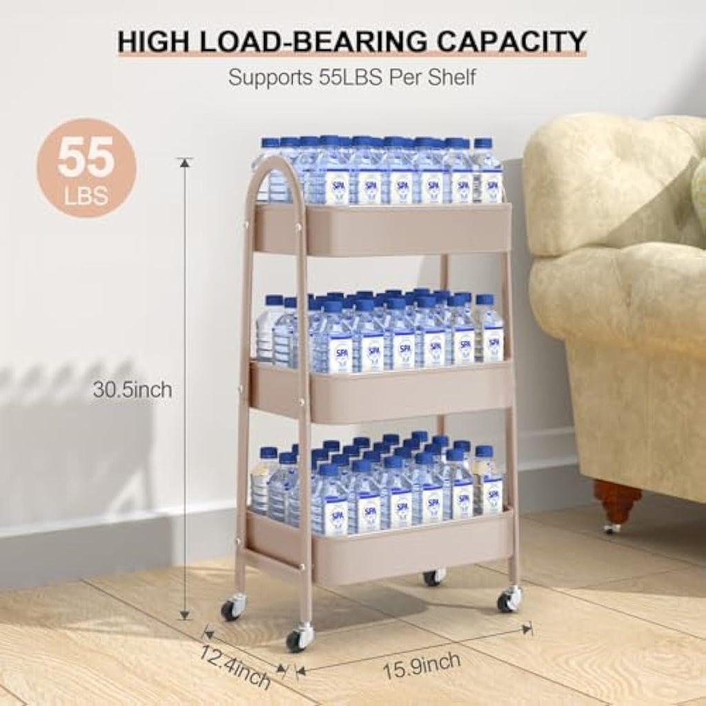 EAGMAK 3-Tier Metal Utility Rolling Cart with Handle and Wheels - Beige