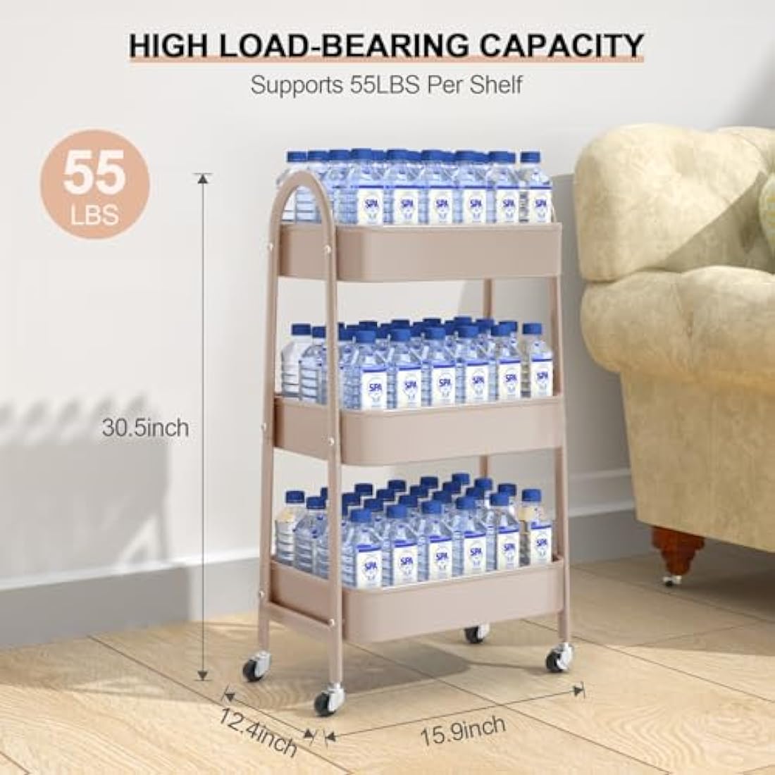 EAGMAK 3-Tier Metal Utility Rolling Cart with Handle and Wheels - Beige