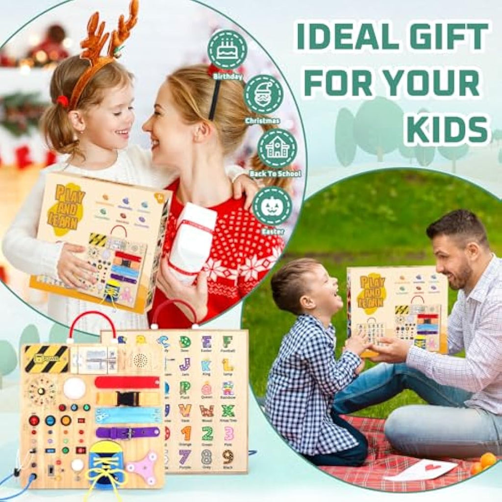 Jolof Store Montessori Busy Board – 23-in-1 Wooden LED Sensory Toy